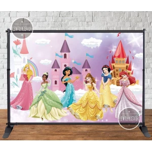 Изображение товара - Баннер 3х2м “Принцессы Диснея, золотая рамка“ на День рождения - Фотозона (виниловый) -