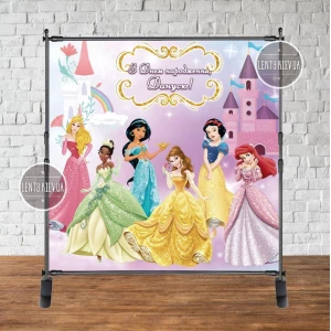 Изображение товара - Баннер 2х2м. “Принцессы Диснея,золотая рамка“ на День рождения - Фотозона (виниловый) - Индивидуальная надпись