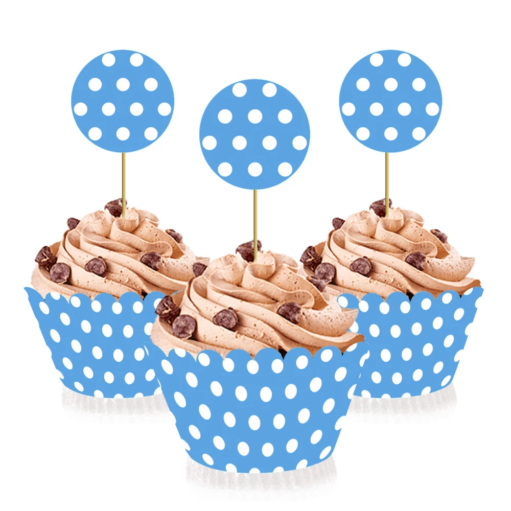 Набір для капкейків: топери і накладки на кошики (6шт/уп)-(Картон)- Горох блакитний, Прикраса/кенді-бар, Блакитний