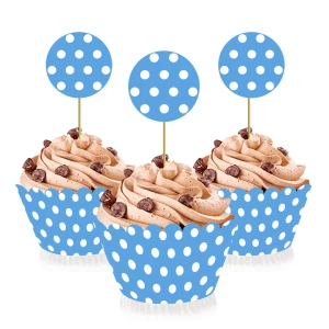 Зображення товара - Набір для капкейків: топери і накладки на кошики (6шт/уп)-(Картон)- Горох блакитний, Прикраса/кенді-бар, Блакитний