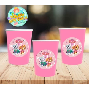 Изображение товара -  Стаканчики “Щенячий патруль. Скай и Эверест“ розовые бумажные с круглой наклейкой (поштучно) одноразовые