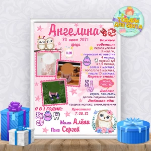 Изображение товара - Метрика “Совушки с цветами“ розовая с фото А4+рамка