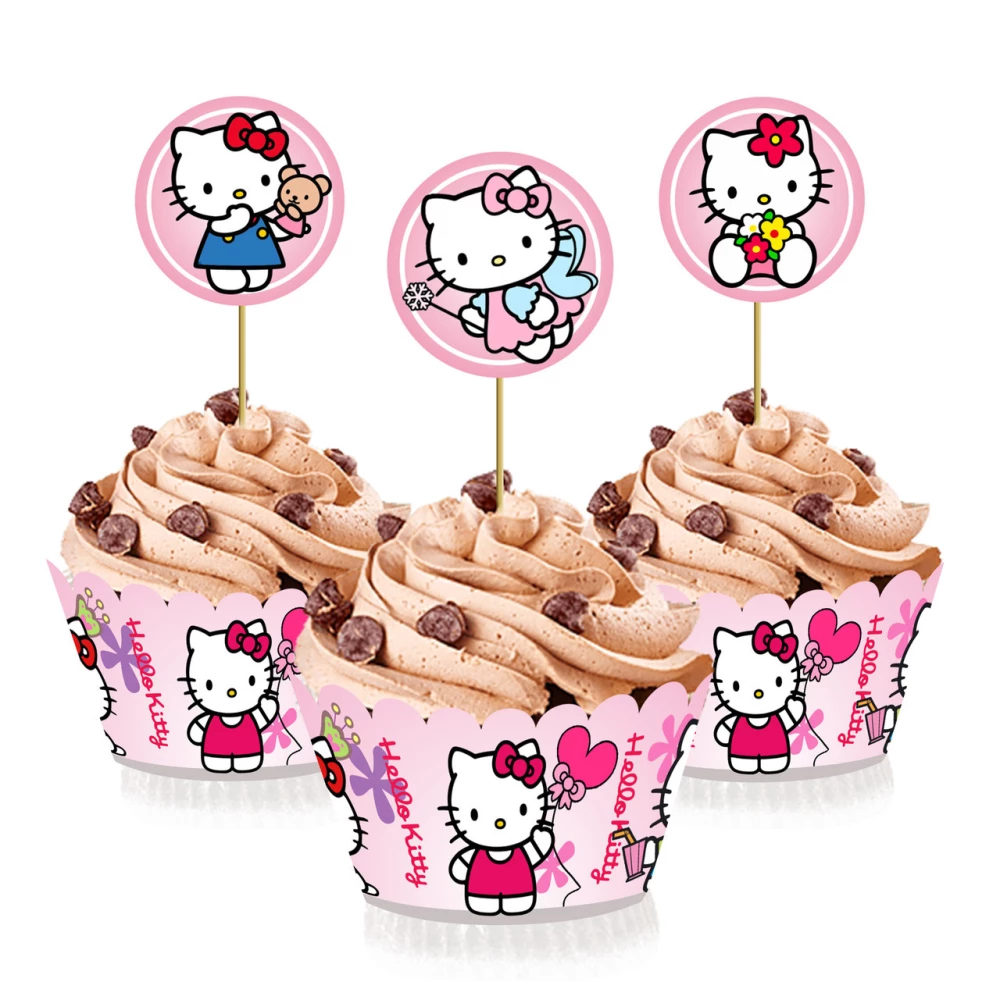 Набор для капкейков: топперы и накладки на корзинки (6шт/уп)(Картон)- Китти, Украшение/кэнди-бар, Розовый