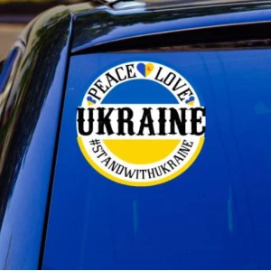 Изображение товара -  Патриотическая наклейка на машину “Ukraine. Peace. Love“ (ЖБ) 20х20 см - на стекло / авто / автомобиль