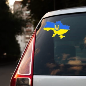 Изображение товара -  Патриотическая наклейка на машину “Силуэт / Карта Украины с гербом“ 20х14см - на стекло / авто / автомобиль