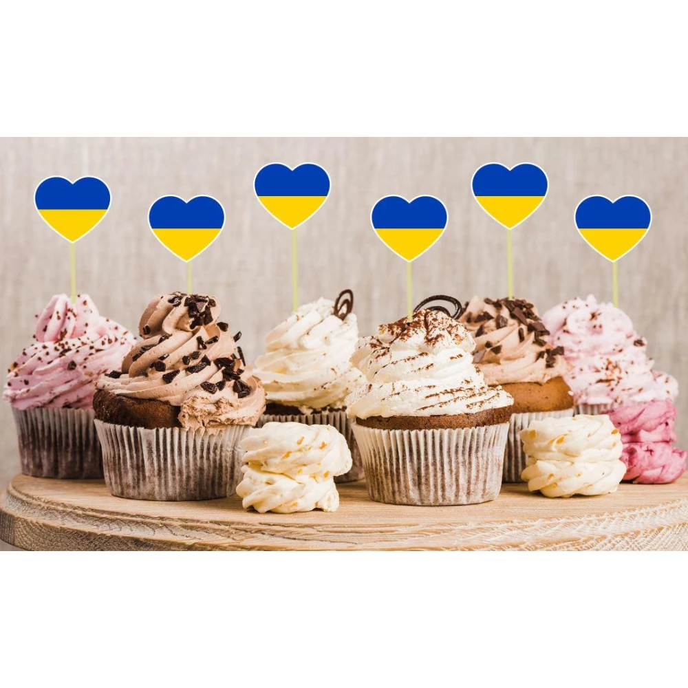 Патриотические топперы “Сердце Украины“ желто-синие (жб) для бургеров или кексов в украинском стиле (6 шт/уп)