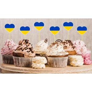 Изображение товара -  Патриотические топперы “Сердце Украины“ желто-синие (жб) для бургеров или кексов в украинском стиле (6 шт/уп)
