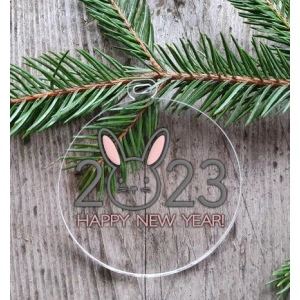 Изображение товара -  Новогодний шар плоский прозрачный Символ года 2023 кролик “Happy New Year“  10 см (серый+розовый)