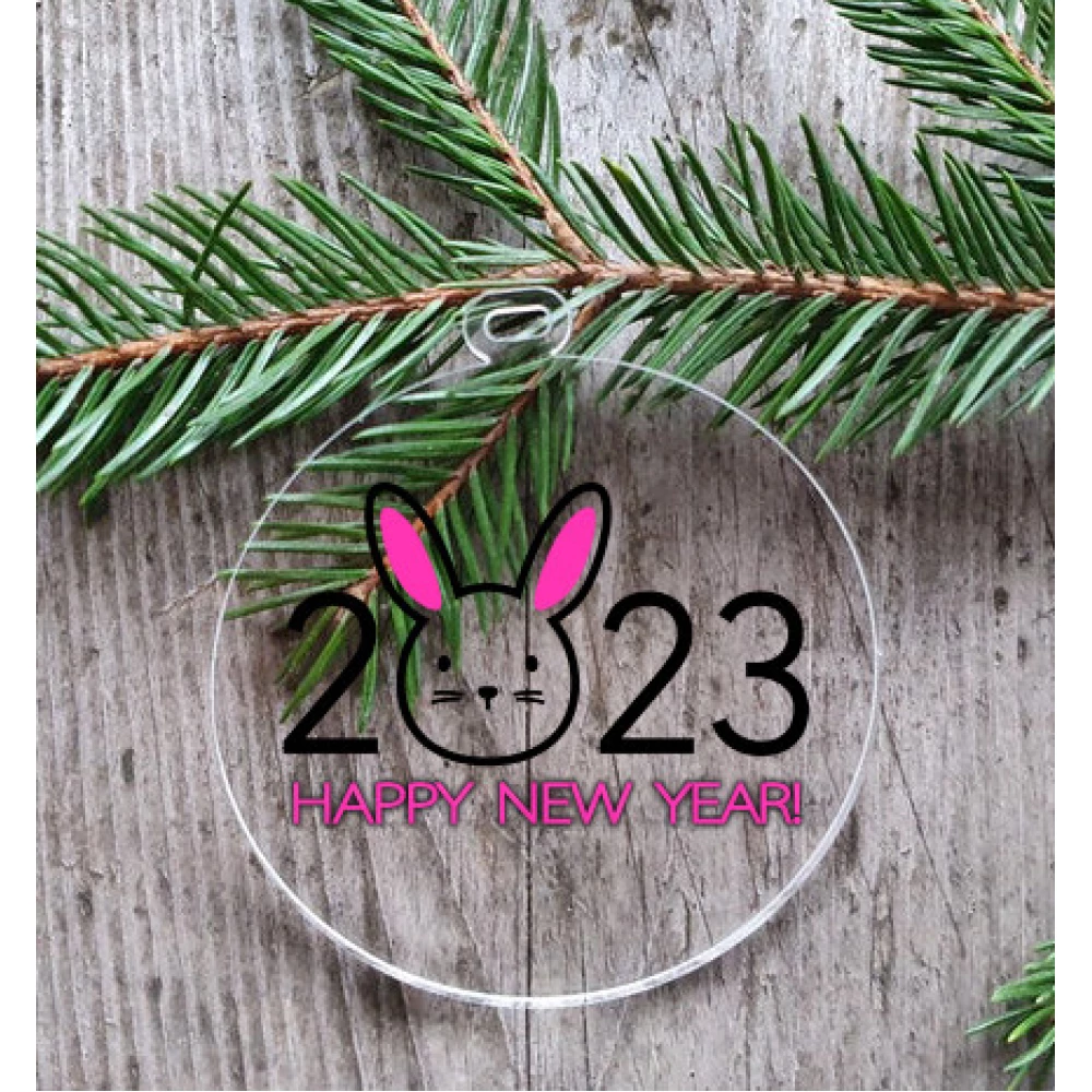 Новогодний шар плоский прозрачный Символ года 2023 кролик “Happy New Year“  10 см (черный+малиновый)