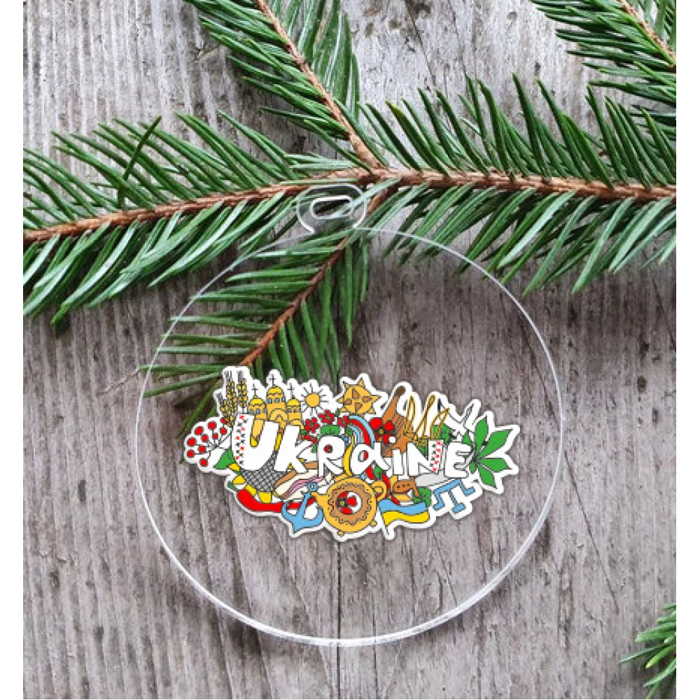 Патриотический новогодний шар прозрачный плоский “Комикс Ukraine“ 10см