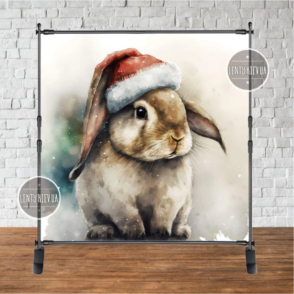 Баннер новогодний “Зайка / кролик. Символ 2023 года“ в шапочке Санты 2х2м (фотозона) (без каркаса)