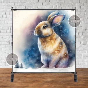 Изображение товара - Баннер новогодний “Зайка / кролик. Символ 2023 года“ голубой фон 2х2м (фотозона) (без каркаса)