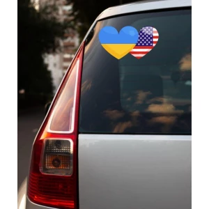 Изображение товара -  Патриотическая наклейка на машину “Украина и США. Сердца“ 25х14 см - на стекло / авто / автомобиль / машину