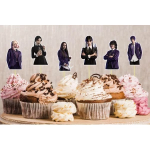 Изображение товара -  Топперы “Венсдей / Венздей“ 6 шт (6/11см) для капкейков / кексов фигурные (КАРТОН)