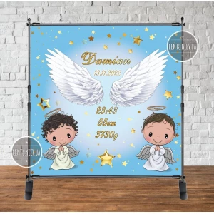 Изображение товара - Баннер на крещение “Два ангела“ 2х2м - Фотозона (виниловый) - Индивидуальная надпись