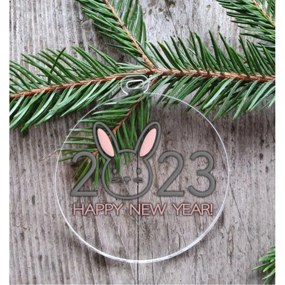Новогодний шар плоский прозрачный Символ года 2023 кролик “Happy New Year“  10 см (серый+розовый)