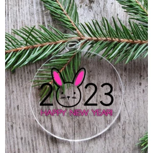 Изображение товара -  Новогодний шар плоский прозрачный Символ года 2023 кролик “Happy New Year“  10 см (черный+малиновый)