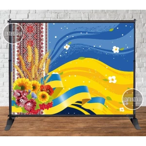 Изображение товара - Патриотический баннер “Флаг Украины, вышивка, цветы“ 4х3м Фотозона (без каркаса)