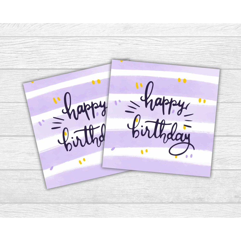 Мини открытка “Happy Birthday!“ сиреневые полосы для подарков, цветов, букетов (бирочка)