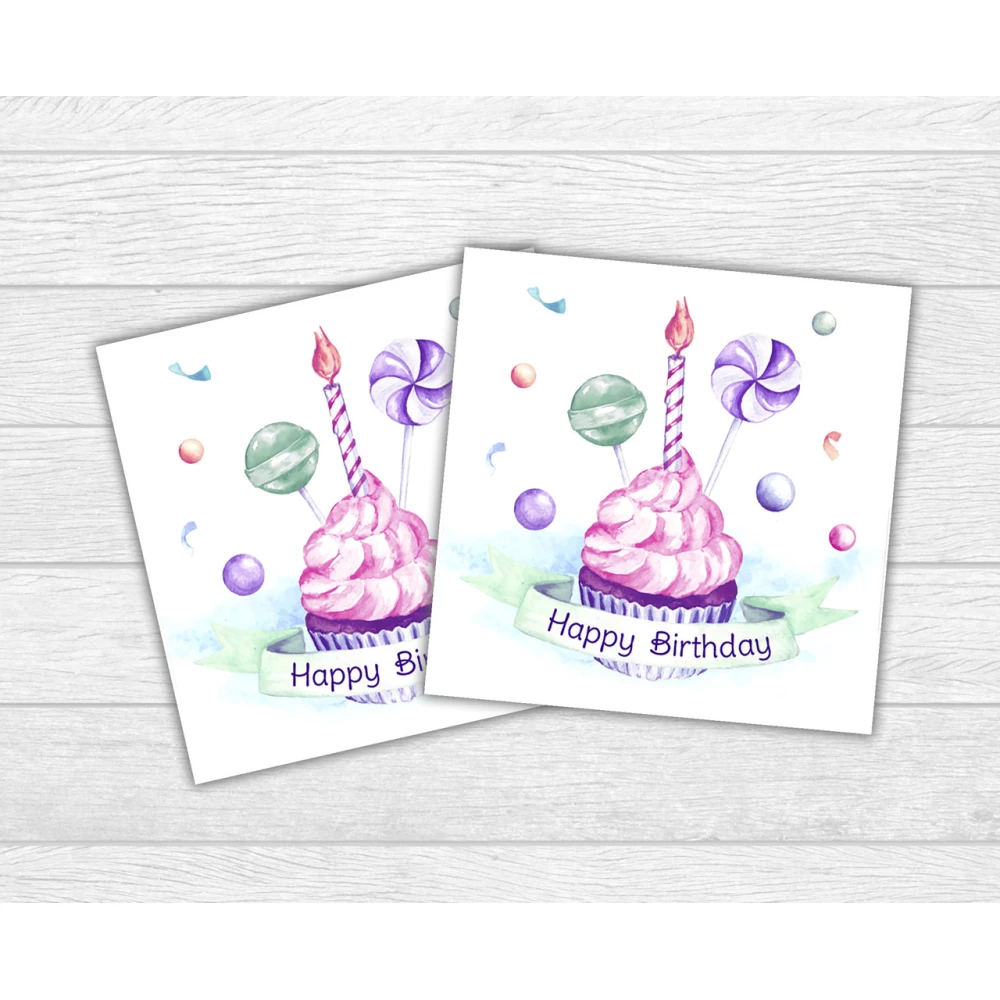 Мини открытка “Happy Birthday!“ кекс со свечкой для подарков, цветов, букетов (бирочка)