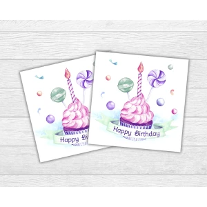 Изображение товара -  Мини открытка “Happy Birthday!“ кекс со свечкой для подарков, цветов, букетов (бирочка)
