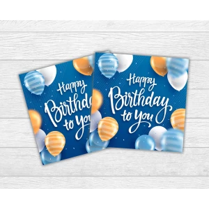 Изображение товара -  Мини открытка “Happy Birthday“ синий фон, шарики для подарков, цветов, букетов (бирочка)