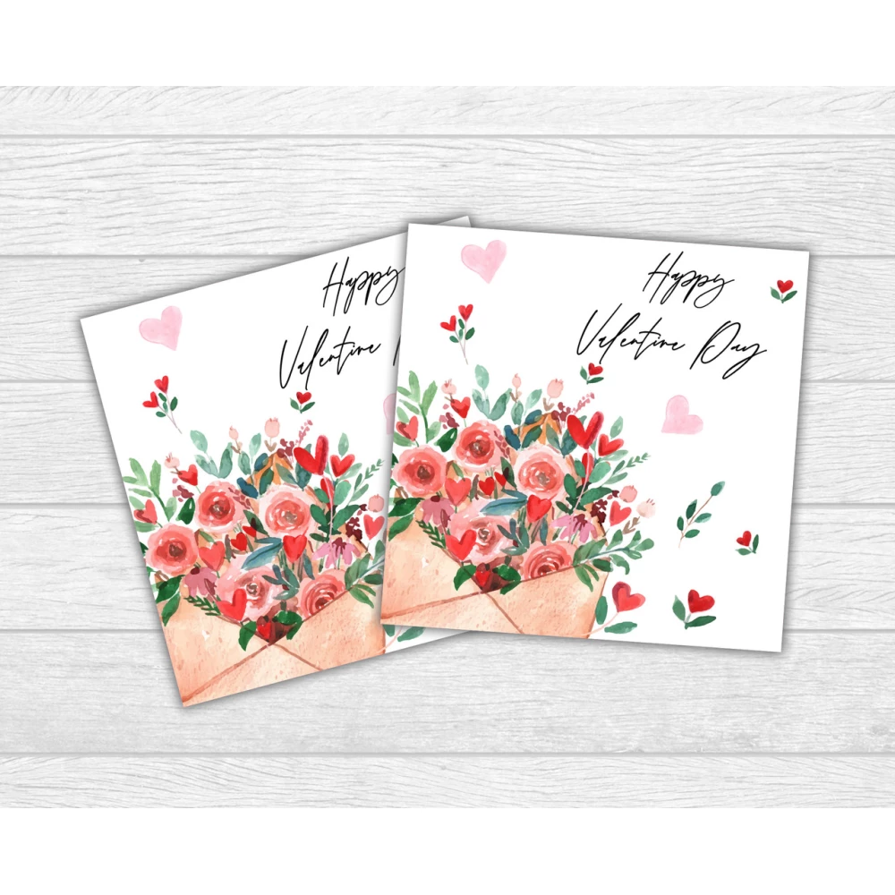Мини открытка на День святого Валентина. Конверт цветы Happy Valentine для подарков, цветов, букетов (бирочка)