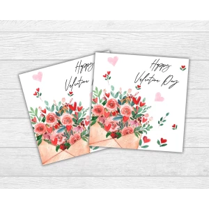 Изображение товара -  Мини открытка на День святого Валентина. Конверт цветы Happy Valentine для подарков, цветов, букетов (бирочка)