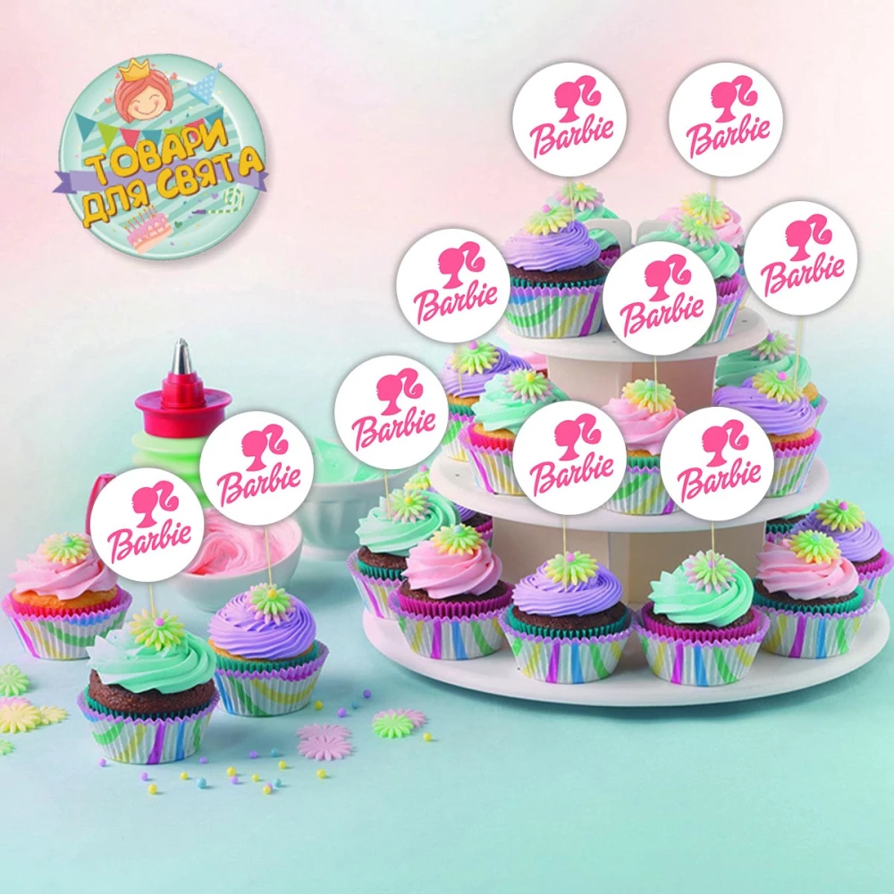 Круглі топери  “Барбі. Білий + лого“  (10 шт./пач.) для кексів, мафінів, капкейків