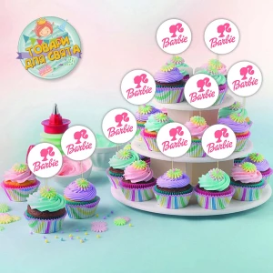 Зображення товара - Круглі топери “Барбі. Білий + лого“ (10 шт./пач.) для кексів, мафінів, капкейків