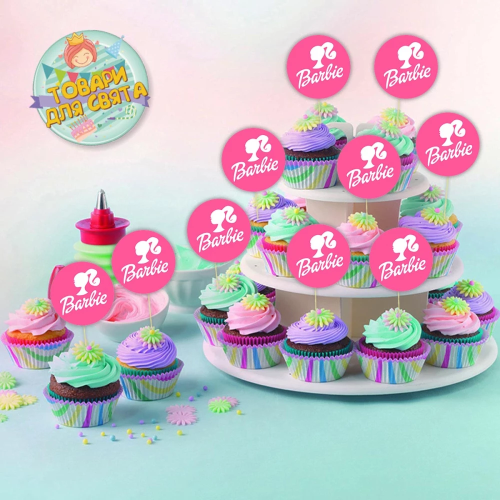 Круглі топери  “Барбі. Рожевий + лого“  (10 шт./пач.) для кексів, мафінів, капкейків