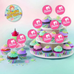 Зображення товара - Круглі топери “Барбі. Рожевий + лого“ (10 шт./пач.) для кексів, мафінів, капкейків