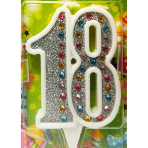 Зображення товара -  Свічка в торт на ювілей Срібло + стрази з білою окантовкою - 18