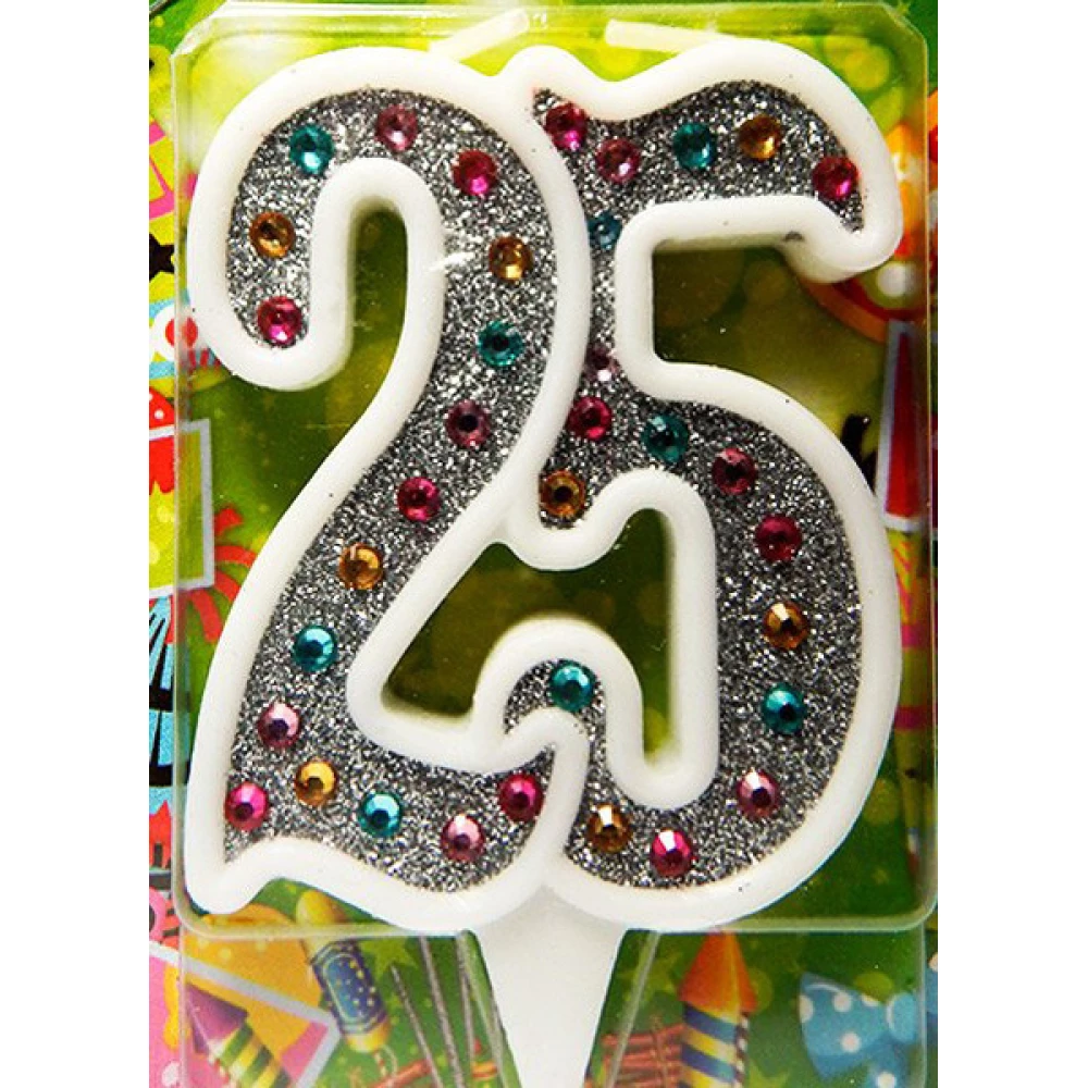 Свічка в торт на ювілей Срібло + стрази з білою окантовкою - 25