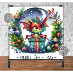 Изображение товара - Баннер новогодний “Новогодний дракончик в веночке. Символ 2024 года“ 2х2м (фотозона) (без каркаса)