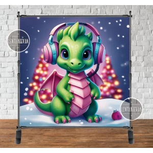 Изображение товара - Баннер новогодний “Новогодний дракончик в наушниках. Символ 2024 года“ 2х2м (фотозона) (без каркаса)