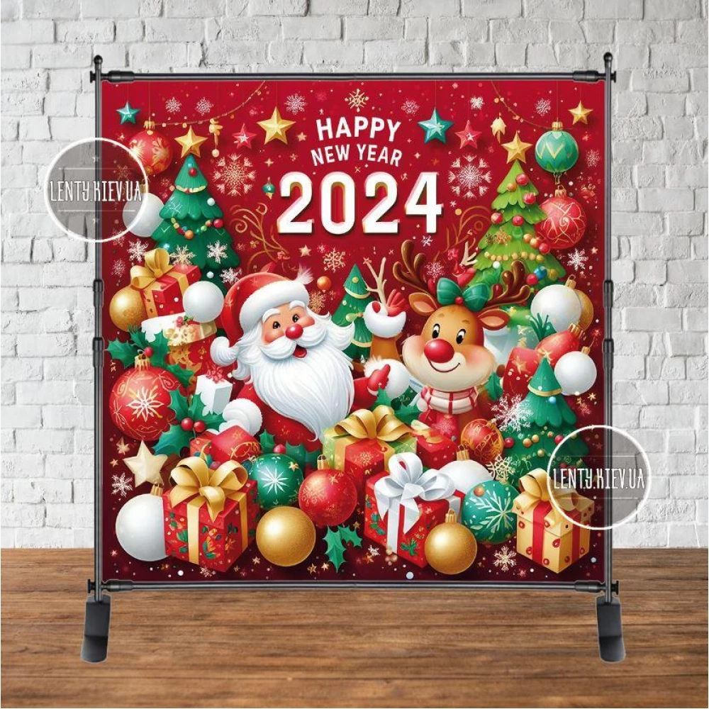 Баннер новогодний “Красный новогодний фон, Санта Клаус и олень 2024“ 2х2м (фотозона) (без каркаса)