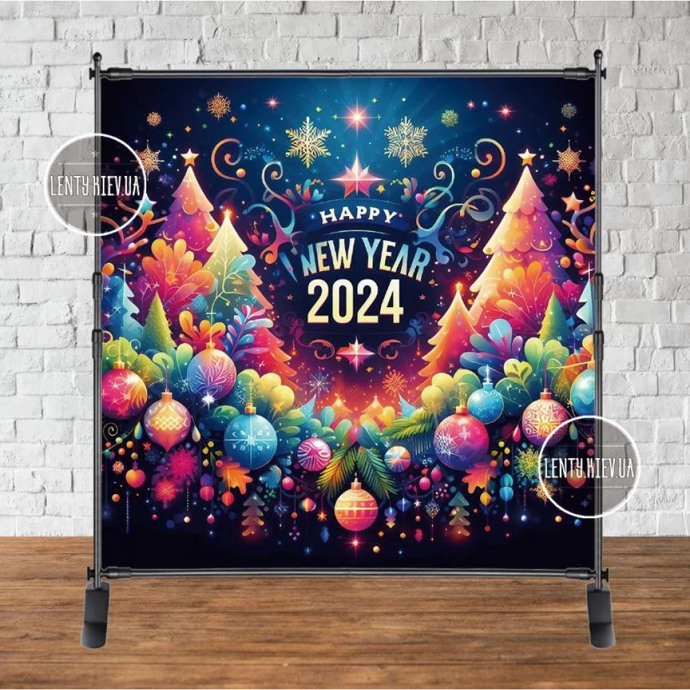 Баннер новогодний “Синий новогодний фон, яркие ёлки 2024“ 2х2м (фотозона) (без каркаса)