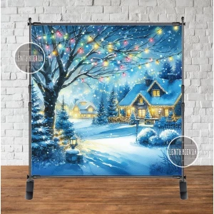 Изображение товара - Баннер новогодний “Новогодняя улица. Огоньки. Акварель“ 2х2м (фотозона) (без каркаса)