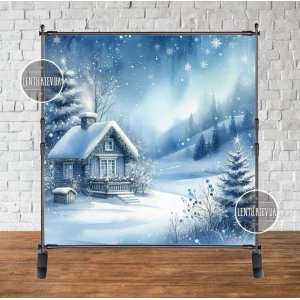Изображение товара - Баннер новогодний “Домик в зимнем лесу. Акварель“ 2х2м (фотозона) (без каркаса)