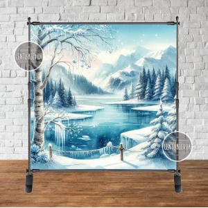 Изображение товара - Баннер новогодний “Зимняя река. Пейзаж. Акварель“ 2х2м (фотозона) (без каркаса)