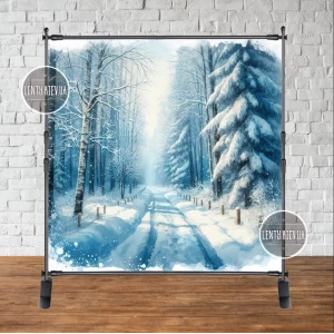 Изображение товара - Баннер новогодний “Зимняя дорога в лесу. Акварель“ 2х2м (фотозона) (без каркаса)