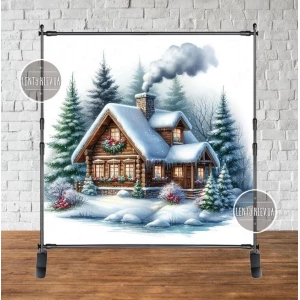 Изображение товара - Баннер новогодний “Домик в зимнем лесу. Акварель“ 2х2м (фотозона) (без каркаса)
