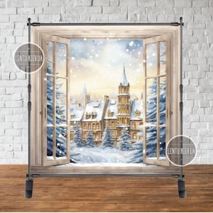 Изображение товара - Баннер новогодний “Открытое окно. Зимний пейзаж. Акварель“ 2х2м (фотозона) (без каркаса)