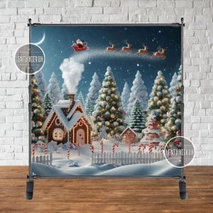 Изображение товара - Баннер новогодний “Пряничный домик в новогоднем лесу“ 2х2м (фотозона) (без каркаса)