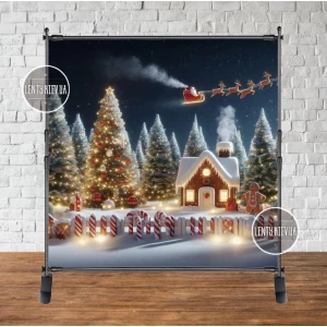 Изображение товара - Баннер новогодний “Пряничный домик над которым пролетает Санта на оленях“ 2х2м (фотозона) (без каркаса)